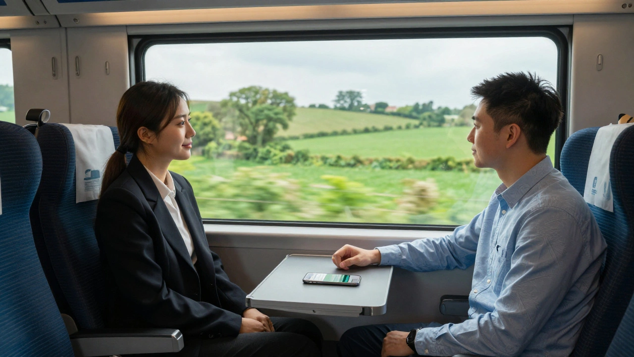 Young professional relaxing on a train journey through the green British countryside.