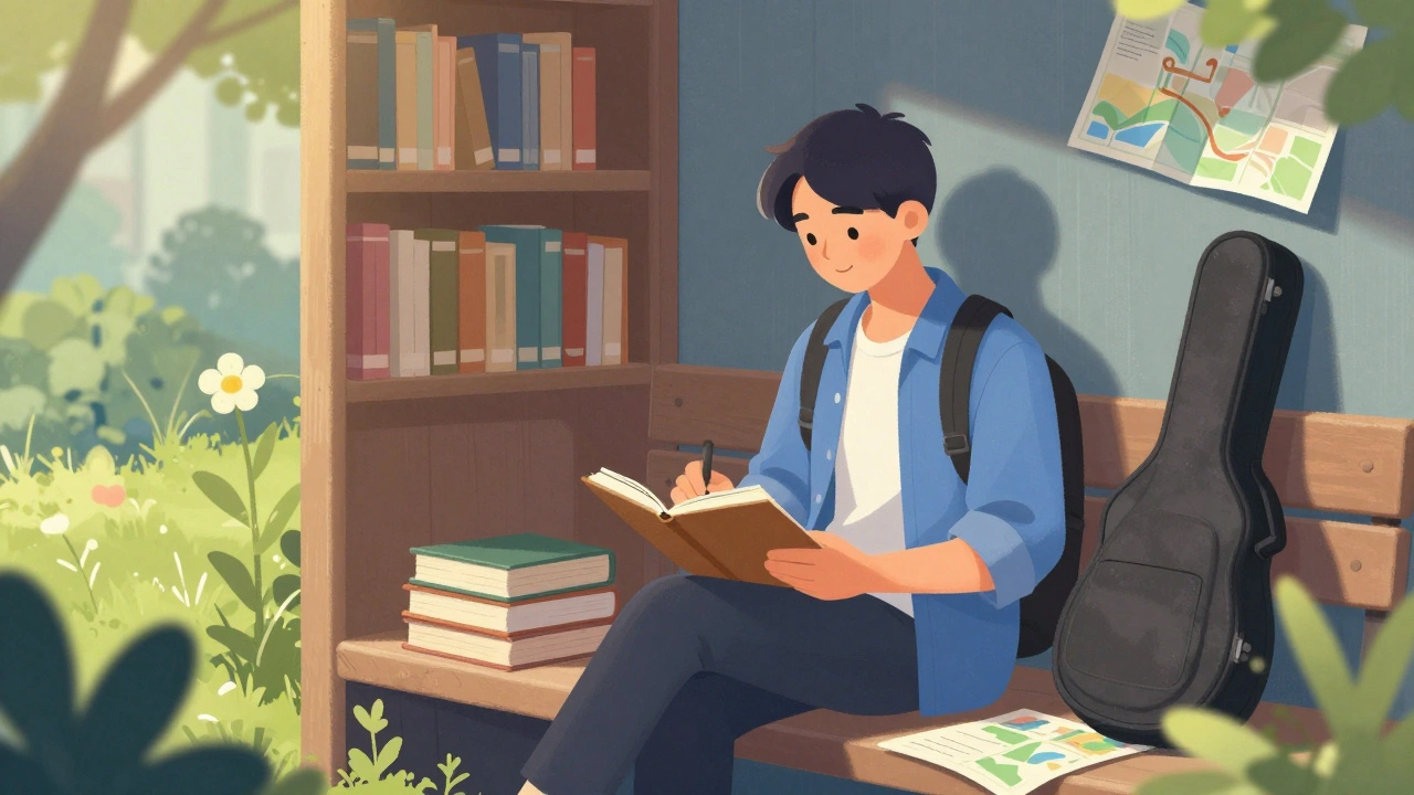 A happy student studying alone in a sunlit library, enjoying solitude.