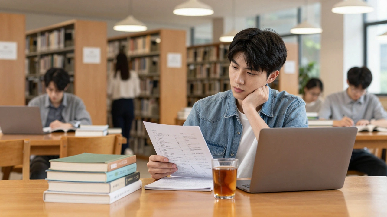 A student studying with books and a planner in a quiet, sunlit university library.
