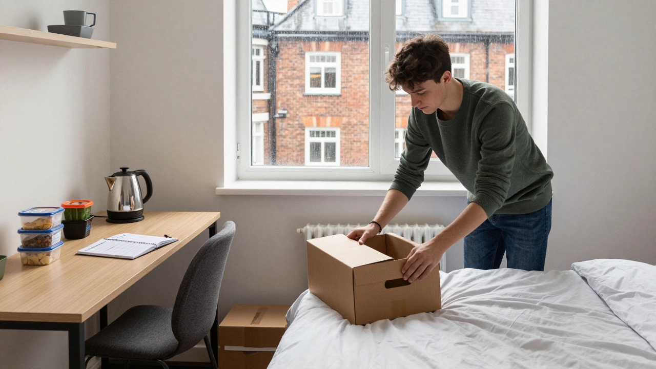 A student unpacking and organizing their room in a modern UK university halls of residence.