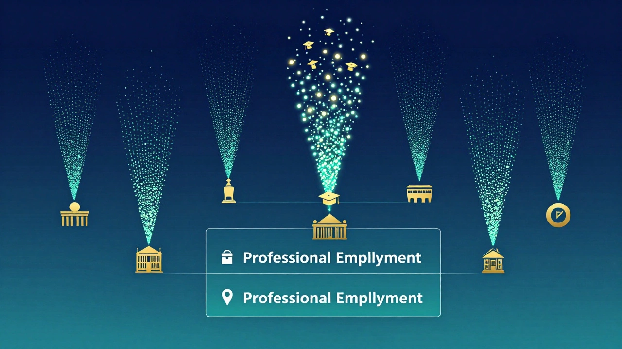 Abstract visualization of graduate data flowing into employment categories