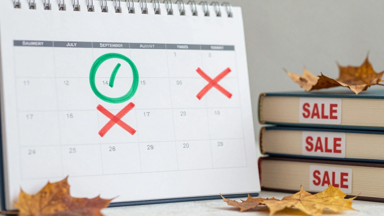 Calendar highlighting July and August for buying cheap second-hand textbooks.