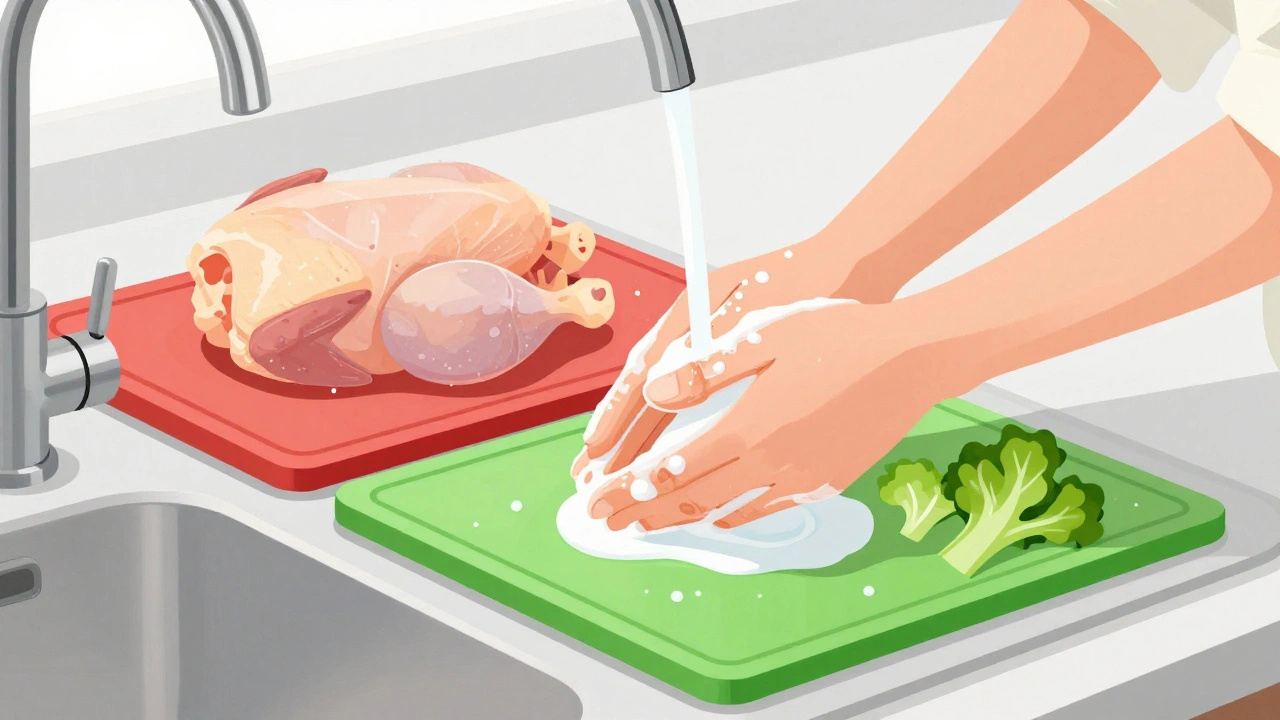Color-coded cutting boards and hand washing for hygiene