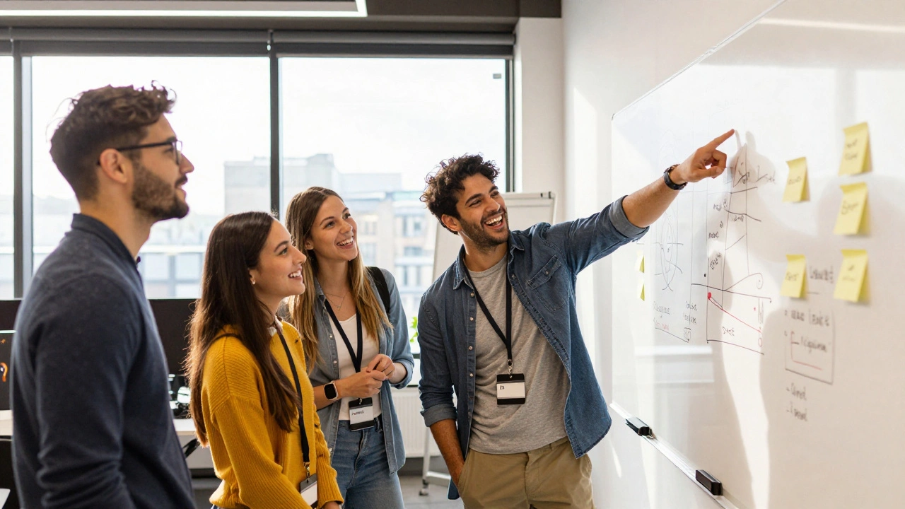 Confident apprentice leading a team meeting in a modern UK tech office