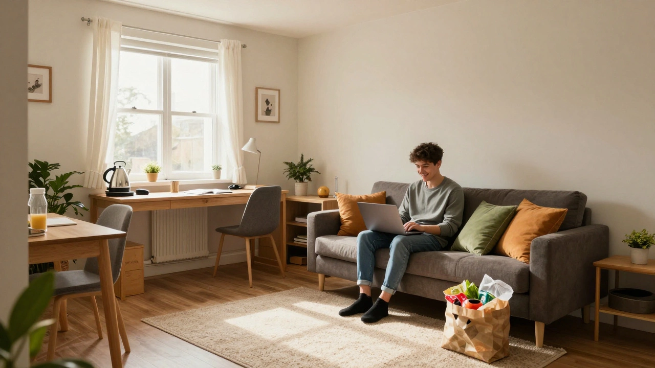 Cozy, budget-friendly student flat with second-hand furniture and a study desk.