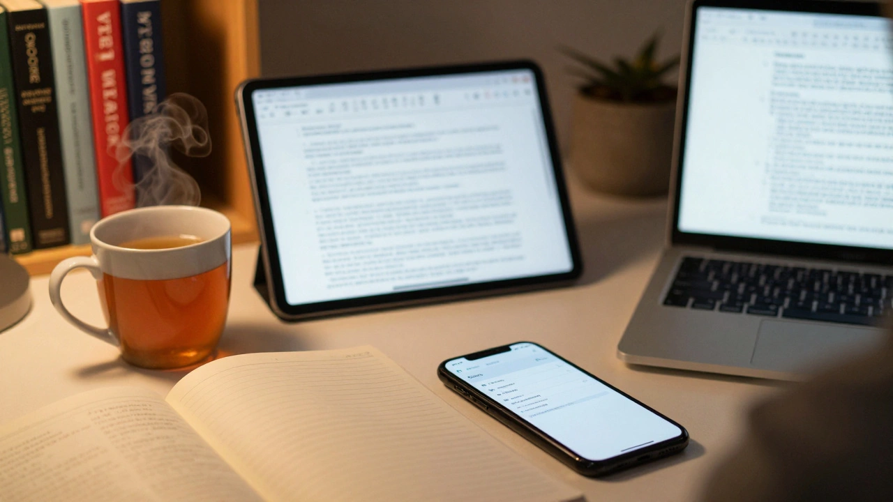 Cozy study desk with digital devices and reference apps