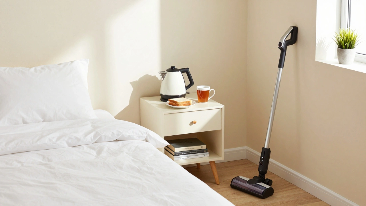 Cozy UK student bedroom with fitted bedding and kettle