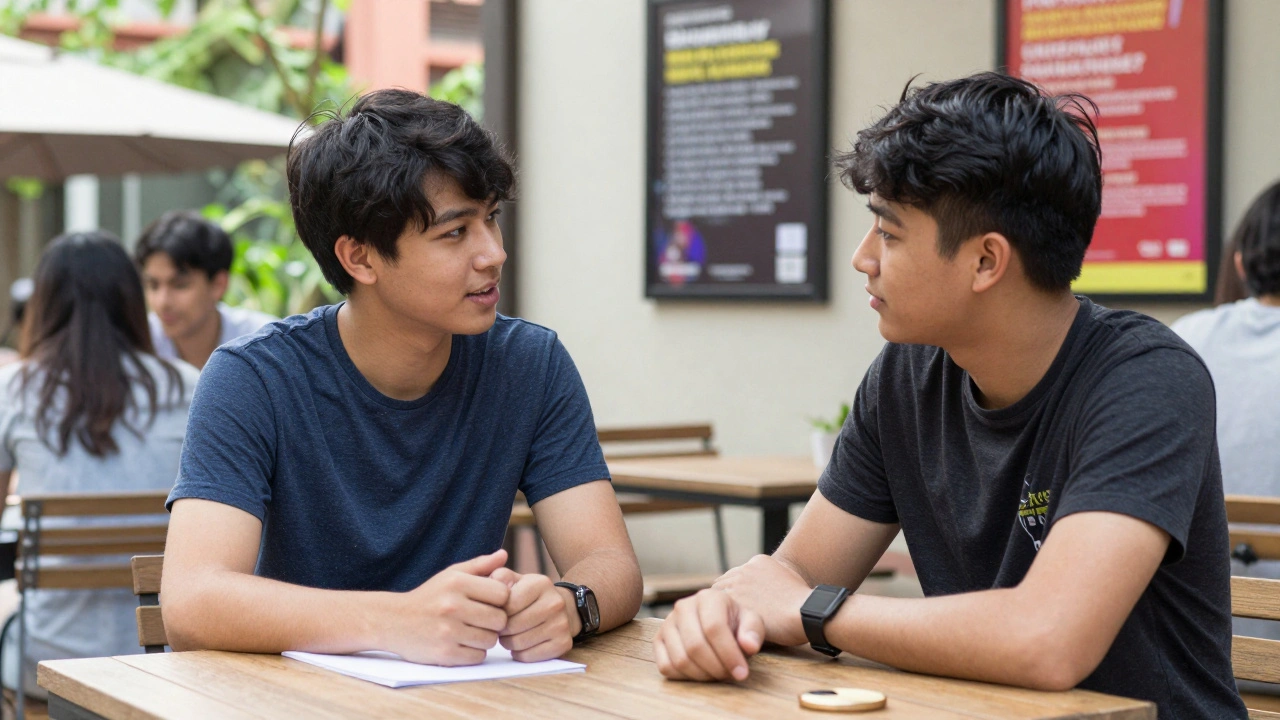 Current students chatting candidly with prospectus student in campus courtyard