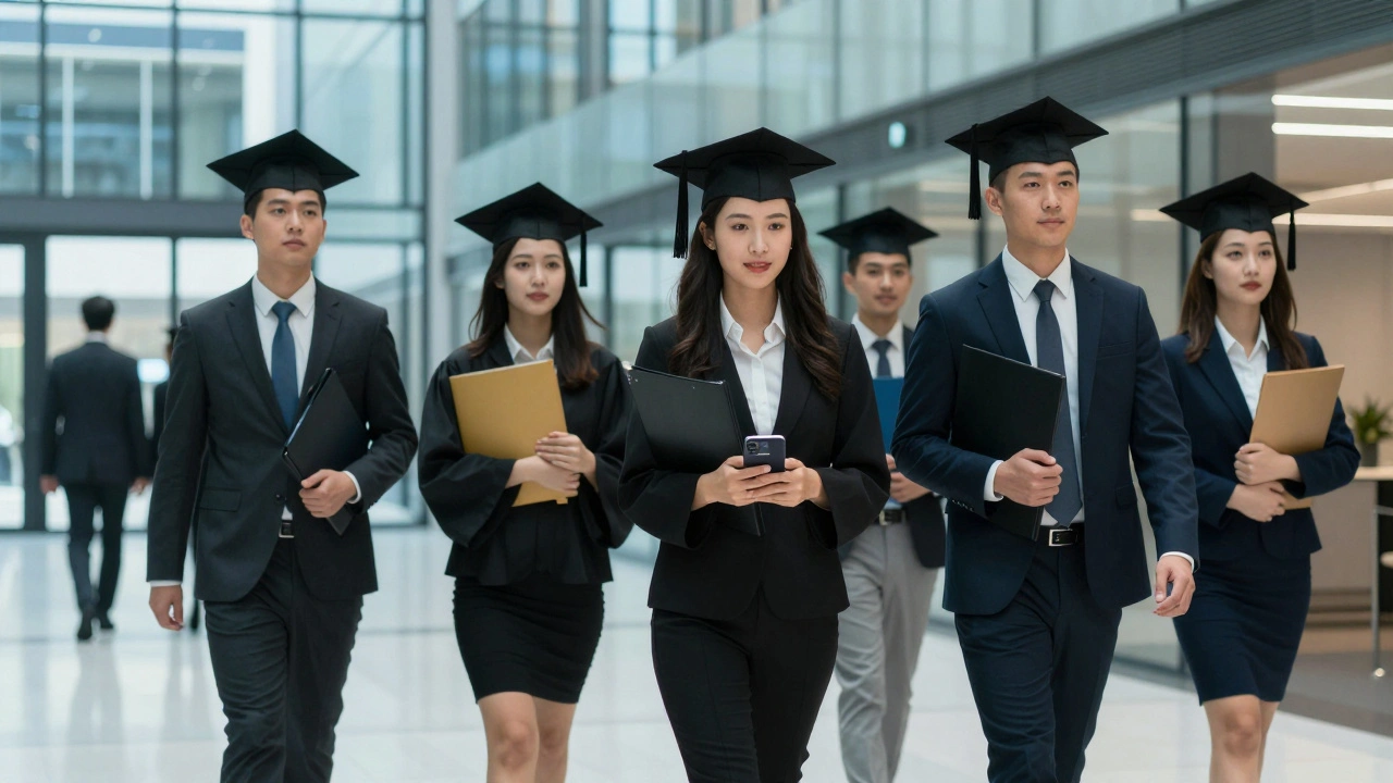 Diverse graduates entering a modern London office building after securing roles.