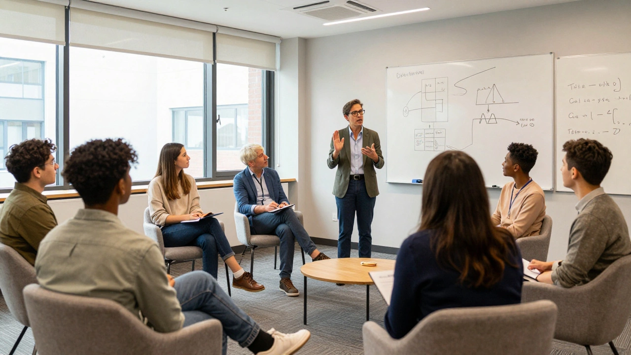 Diverse seminar room with mature students engaging in discussion.