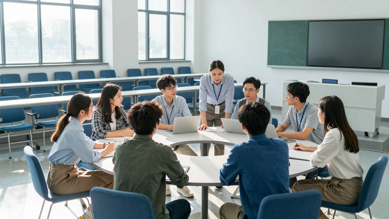 Diverse students collaborating in a bright university seminar room
