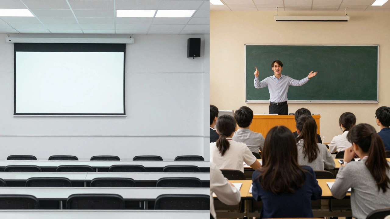 Empty high-tech lecture hall vs crowded traditional classroom with professor
