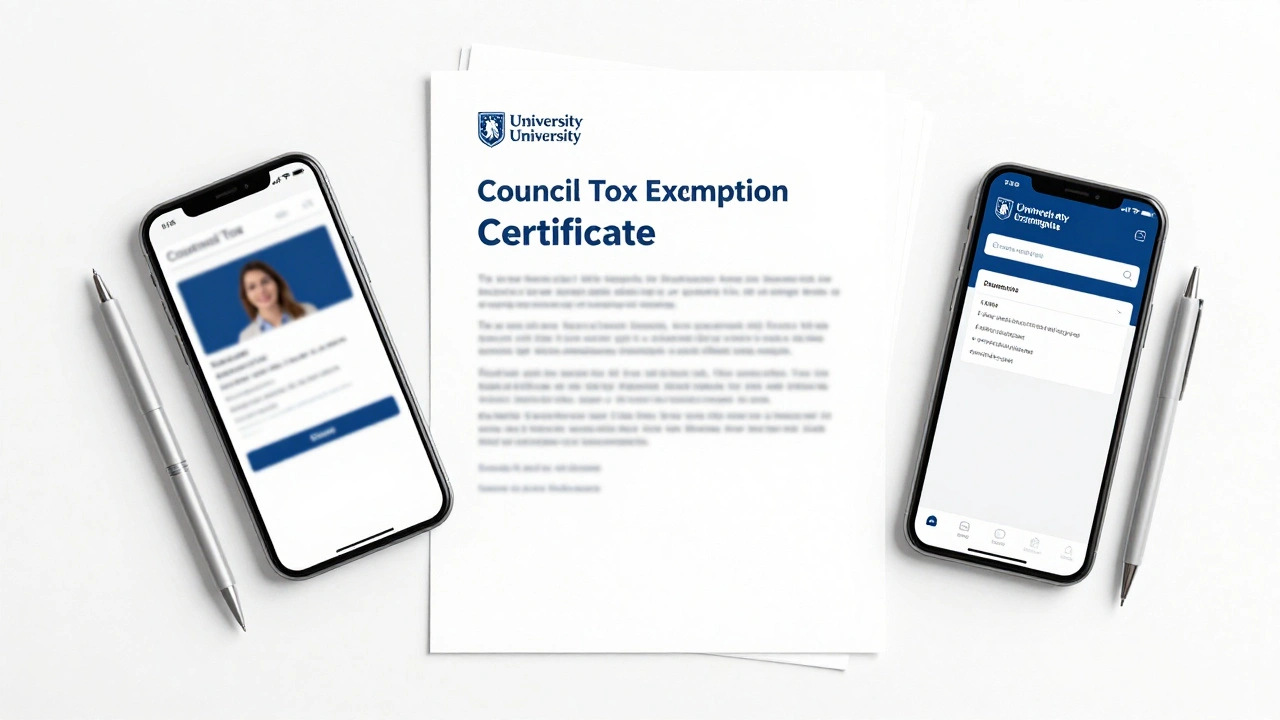 Flat lay of exemption certificate, phone, and forms on white table