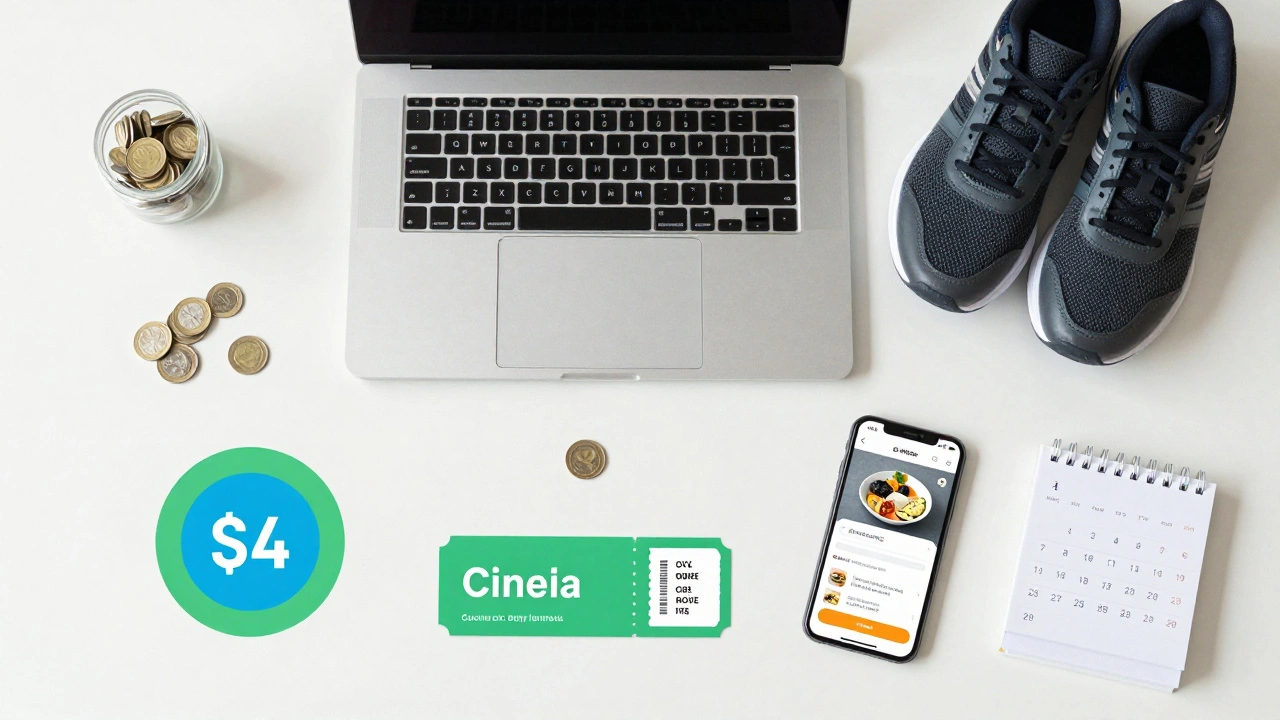 Flat lay of laptop, shoes, and tickets showing student discount benefits