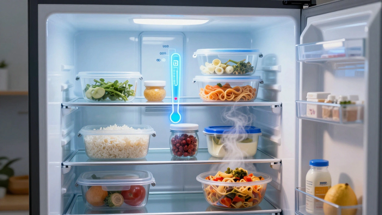 Fridge with stored food and steaming hot leftovers