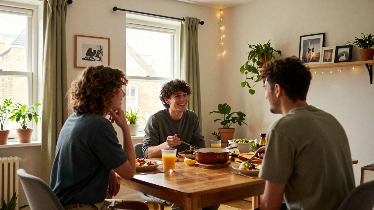 Friends sharing a meal in a cozy private rented student house
