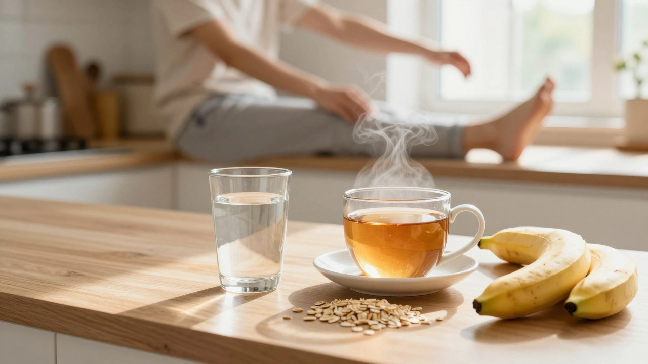 Glass of water and tea on a sunny kitchen counter