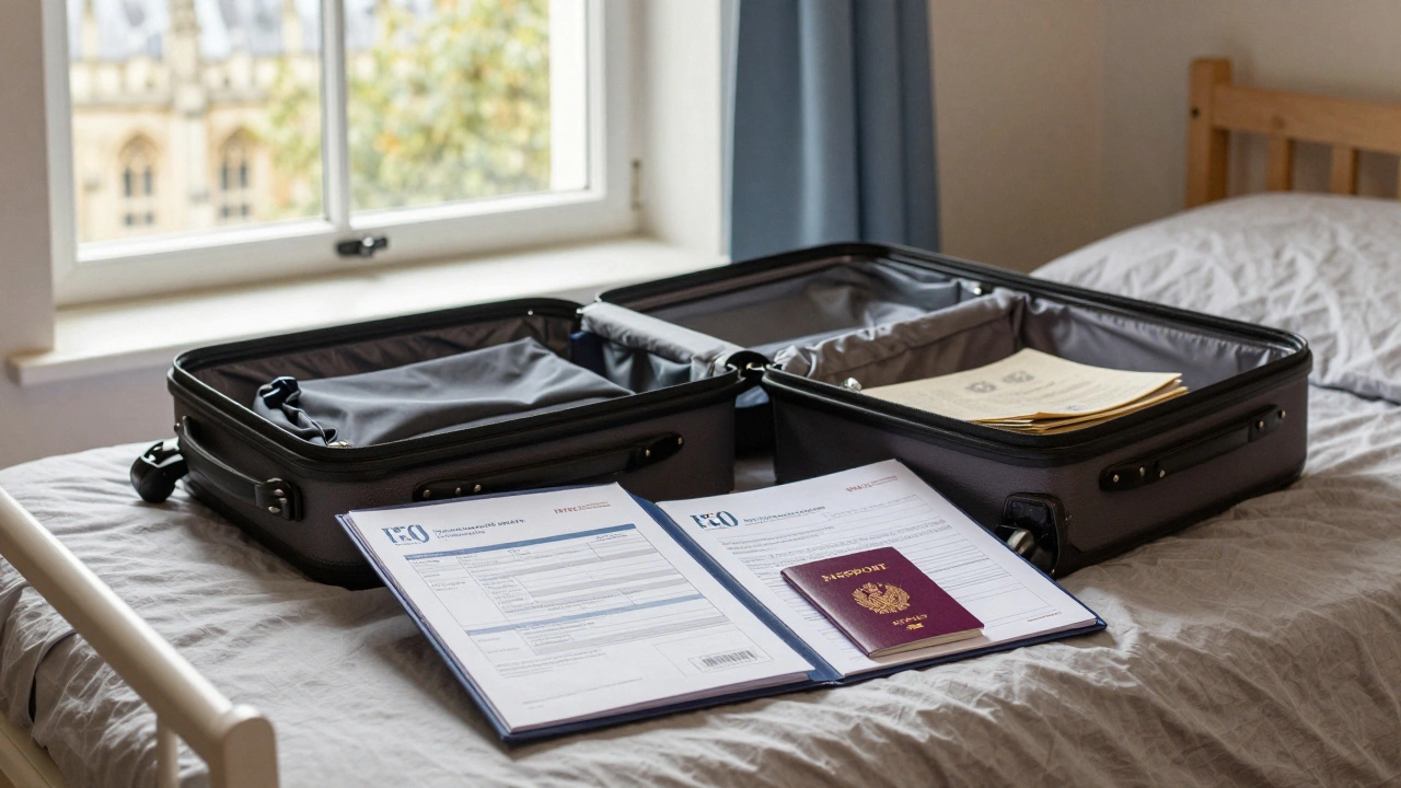 Graduate packing suitcase with tax documents and passport in dorm room