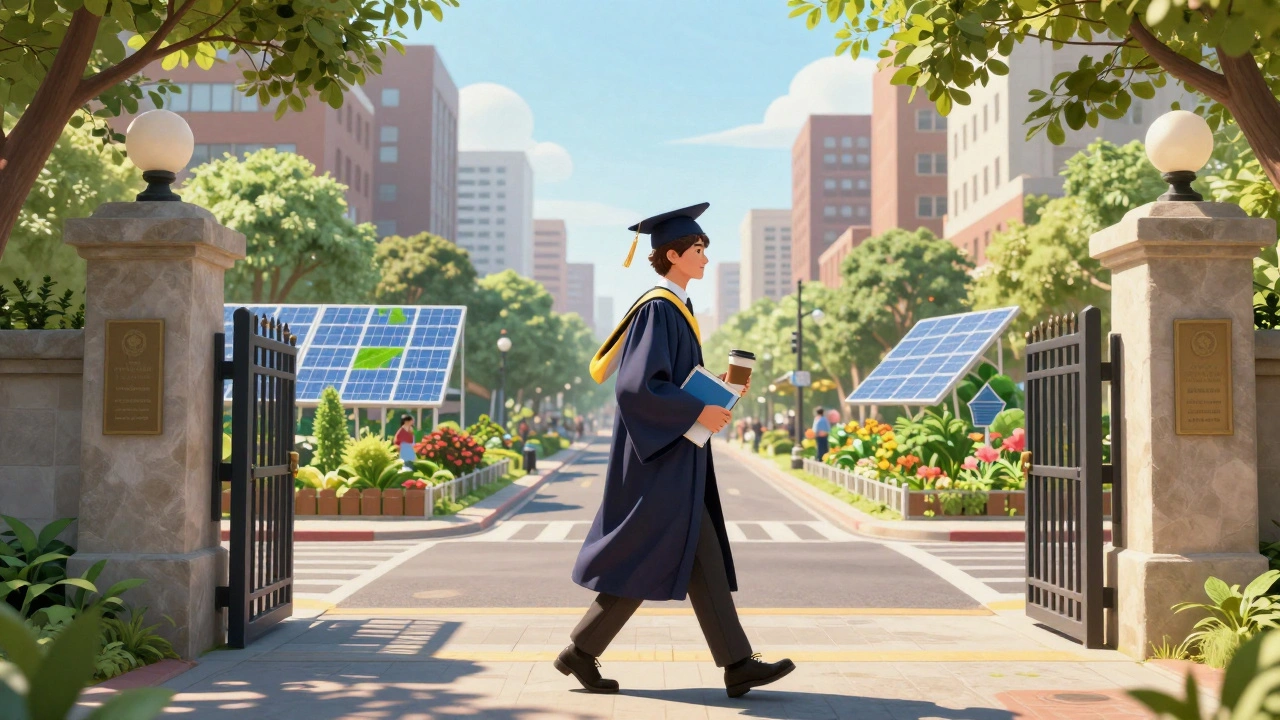 Graduate walking into city life carrying symbols of sustainable habits