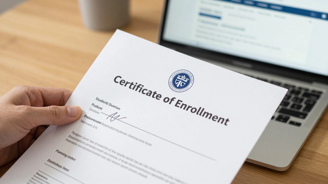 Hand holding student enrollment certificate on desk