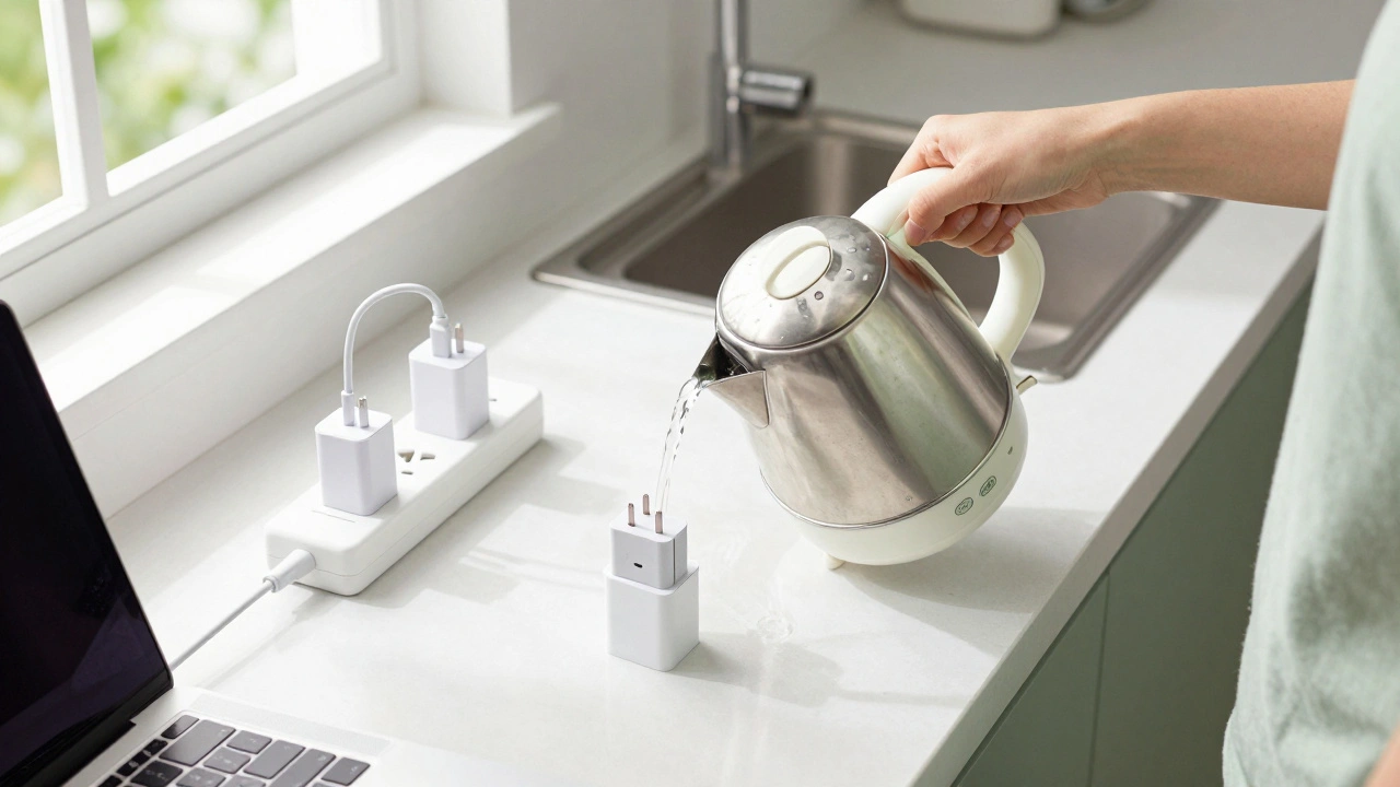 Hand pouring little water in kettle next to switched-off power strip