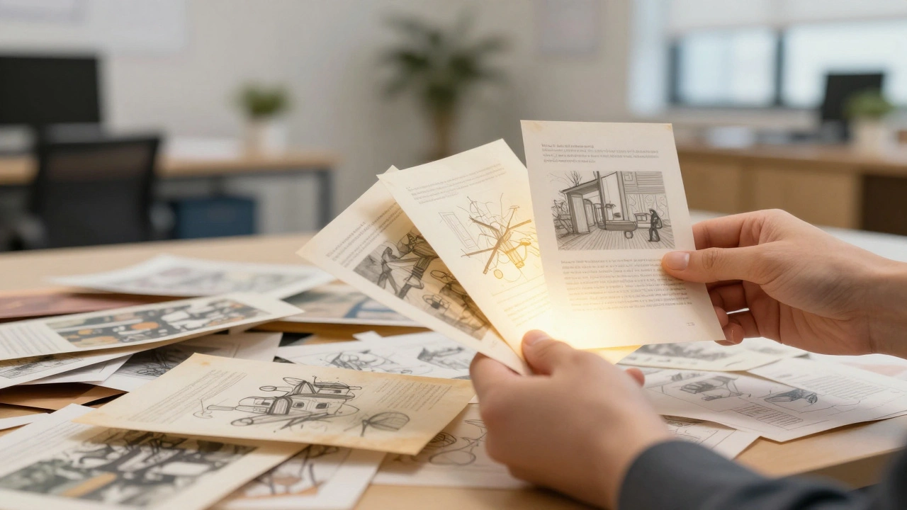 Hands selecting best artwork from a pile of discarded sketches