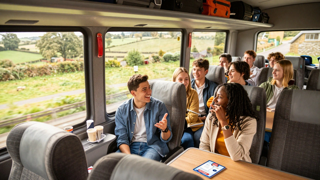 Happy students traveling on a coach through the English countryside
