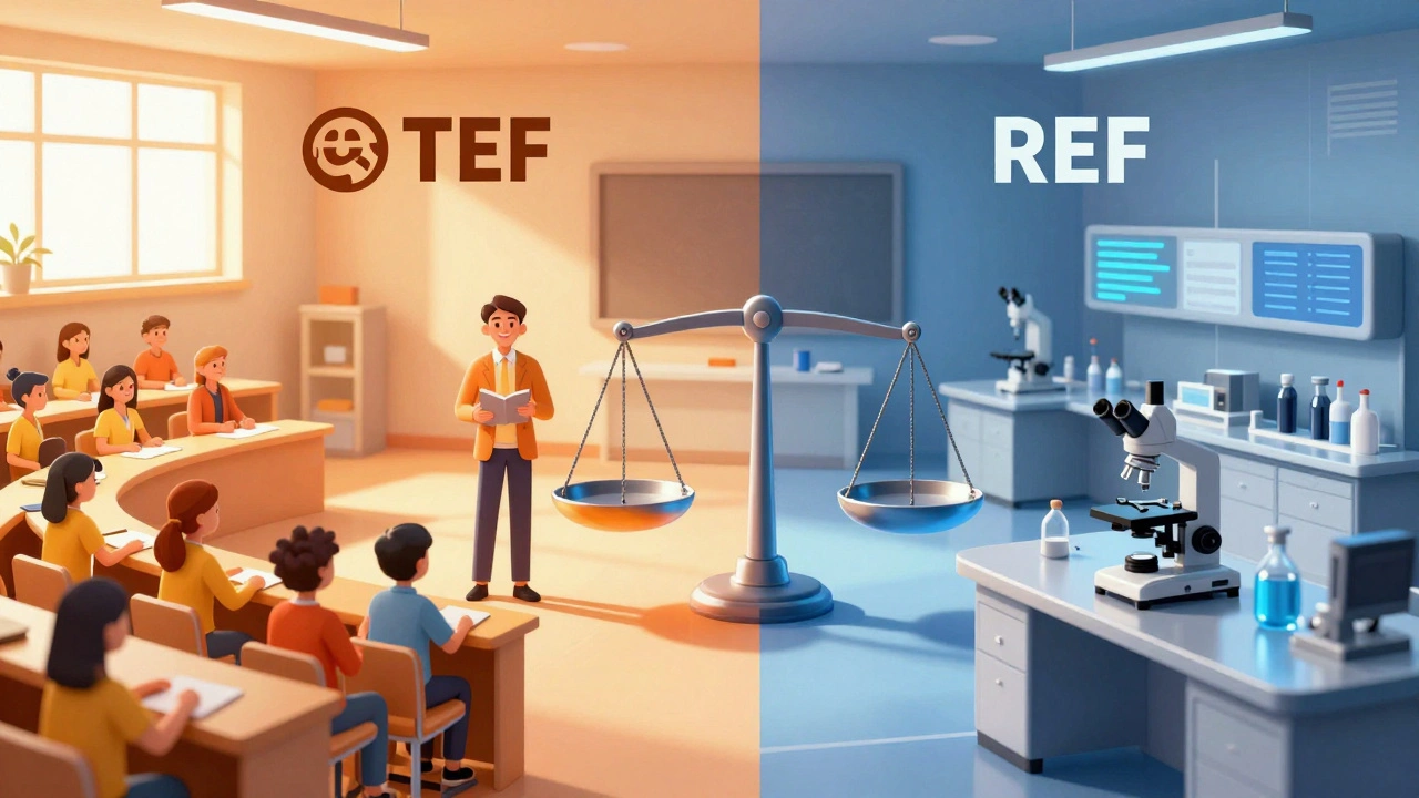 Illustration comparing lecture hall teaching metrics vs lab research metrics