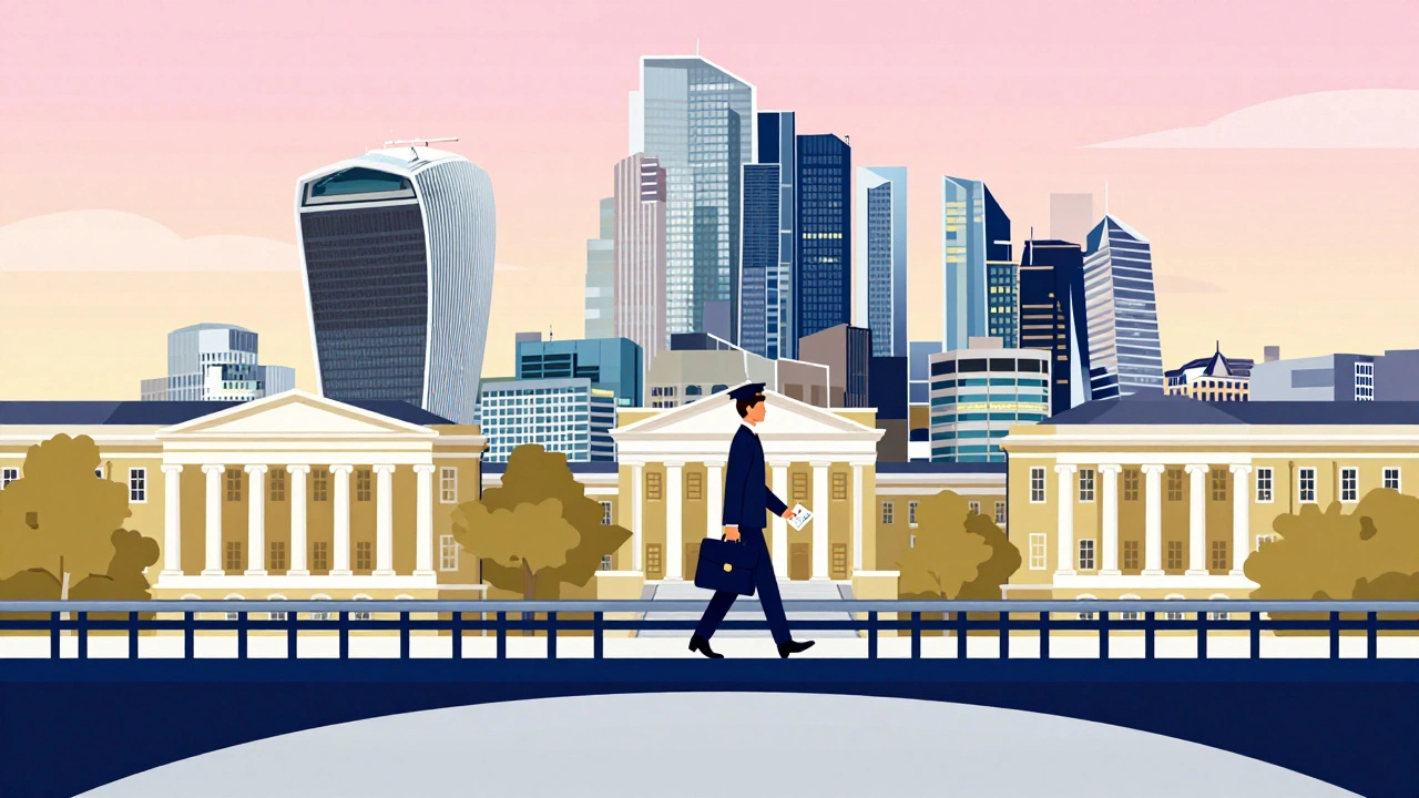 Illustration of a graduate crossing a bridge from campus to London's business district.