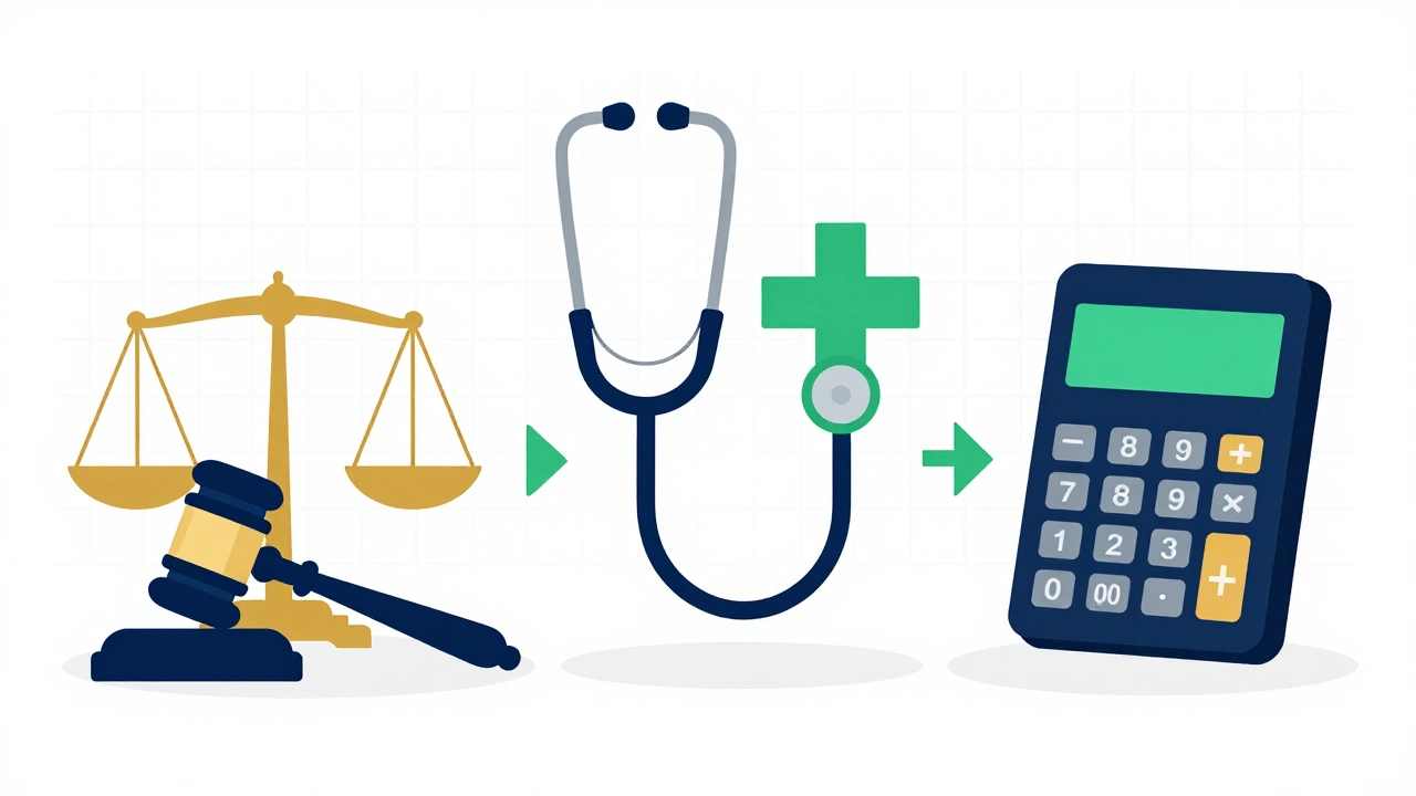 Illustration of law, medicine, and accountancy symbols merging together