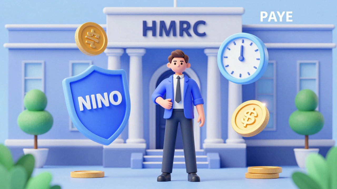 Illustration of person navigating UK tax concepts like NINO and PAYE