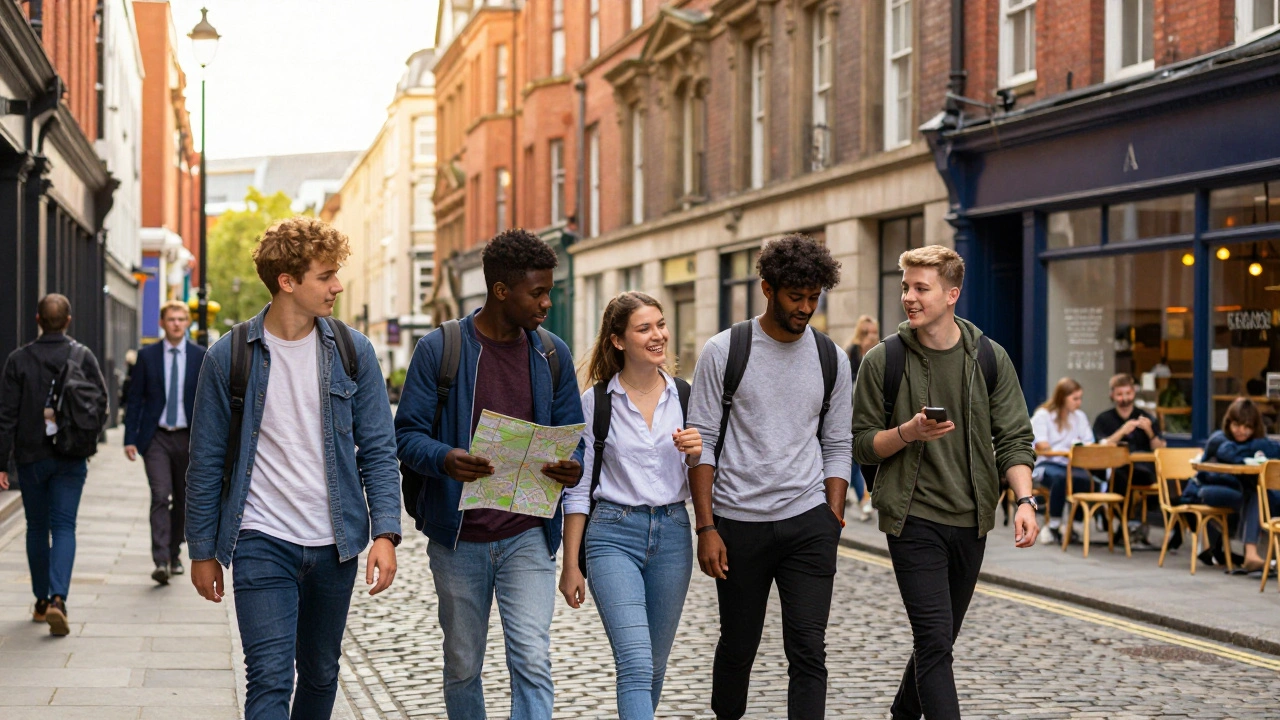 International students walking in a vibrant UK city street