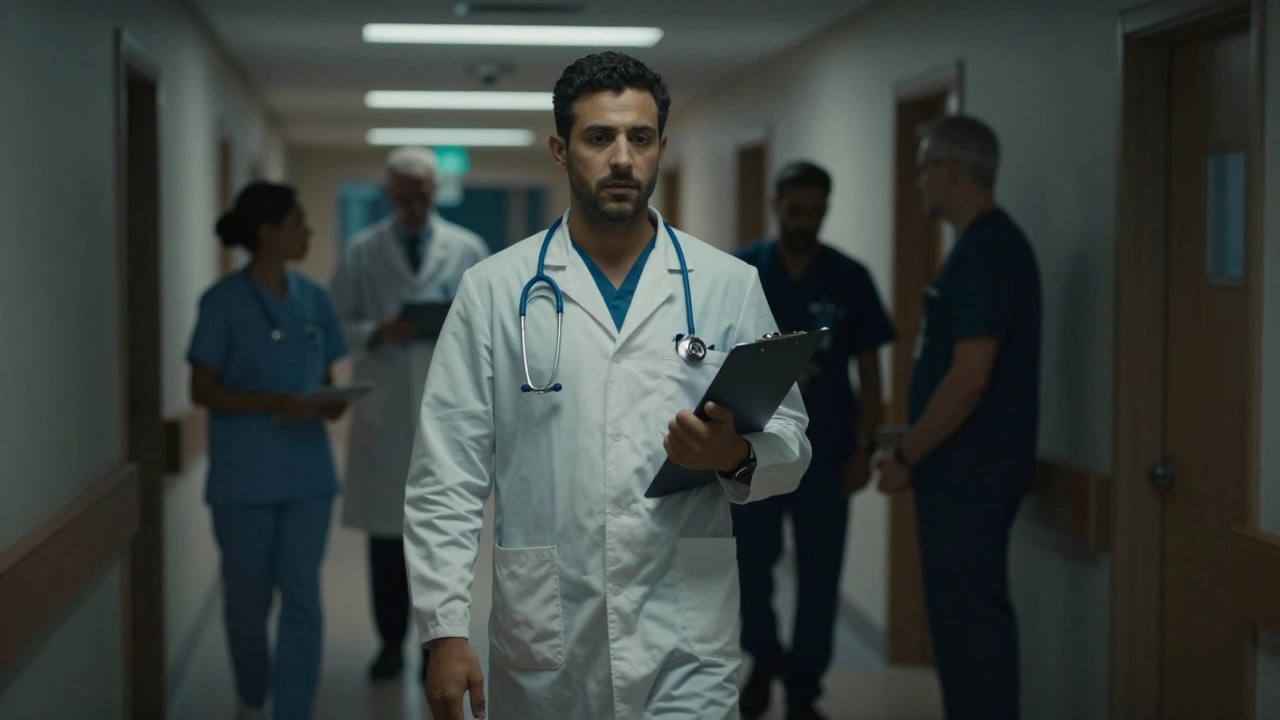 Junior doctor walking in hospital corridor during foundation training