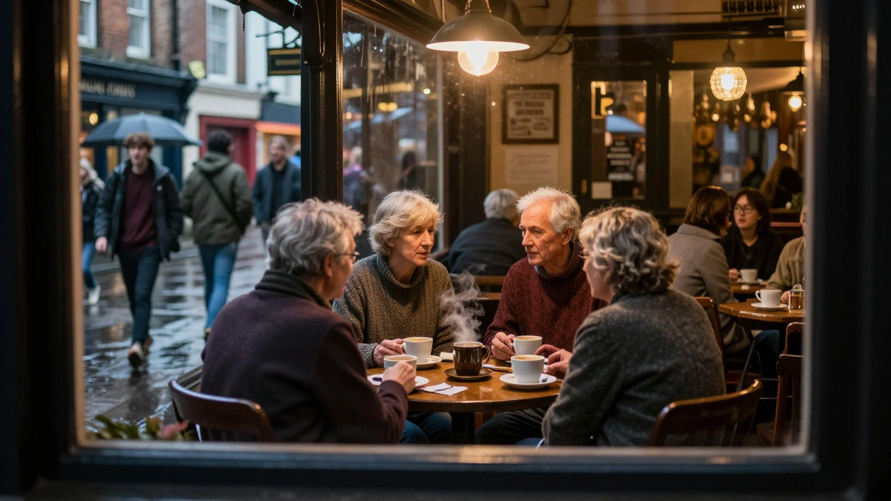 Mature students networking in a warm, cozy pub setting