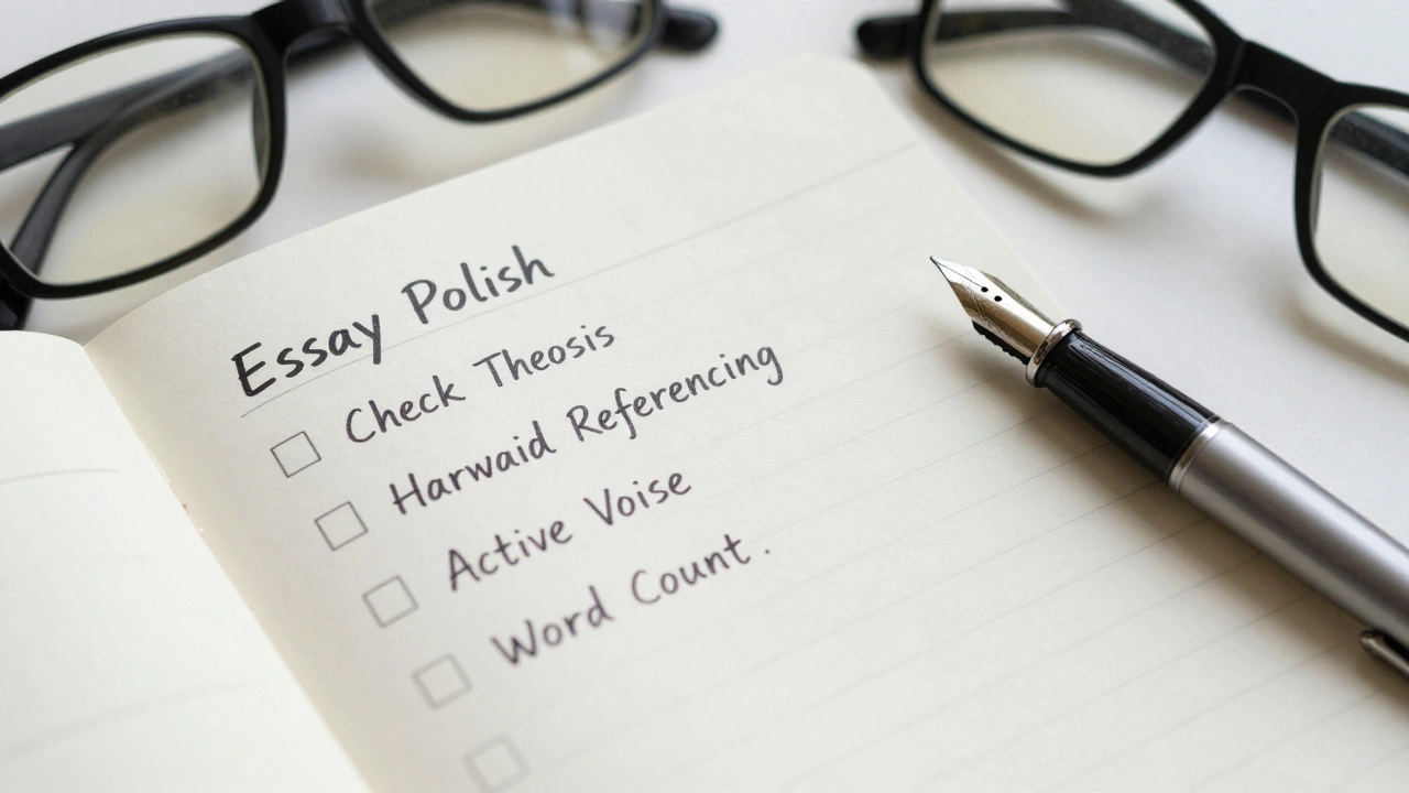 Notebook with editing checklist and fountain pen