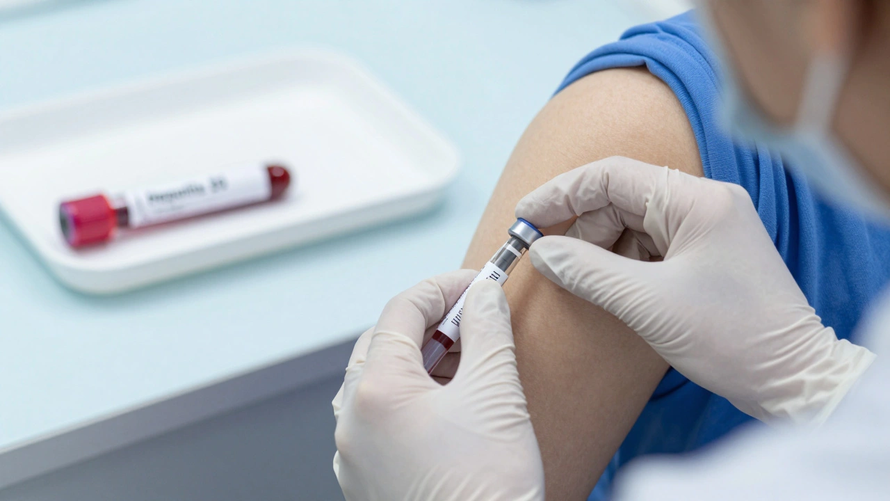 Nurse administering vaccine with blood test tube nearby