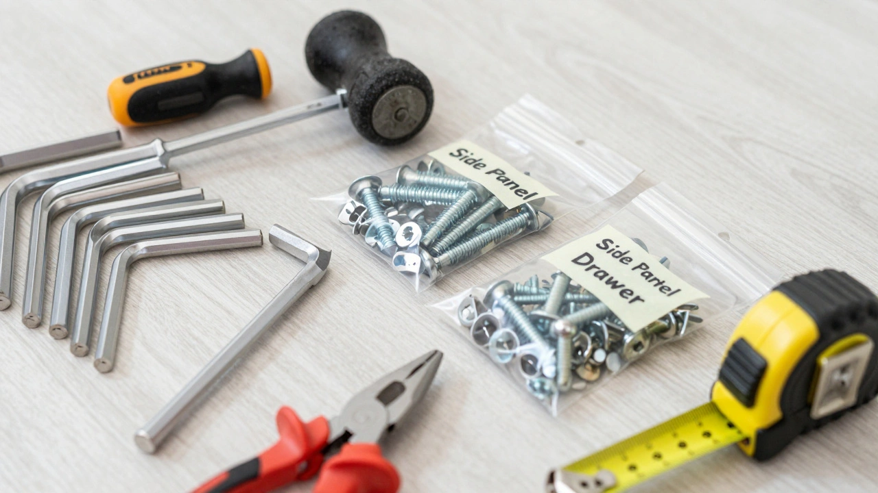 Organized toolkit and labeled hardware bags on a clean surface