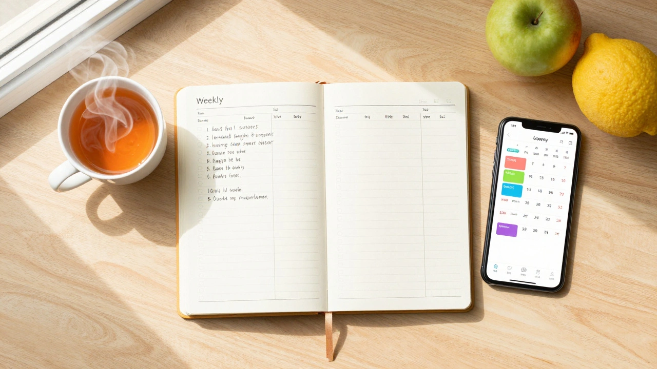Organized weekly planner and digital calendar on desk