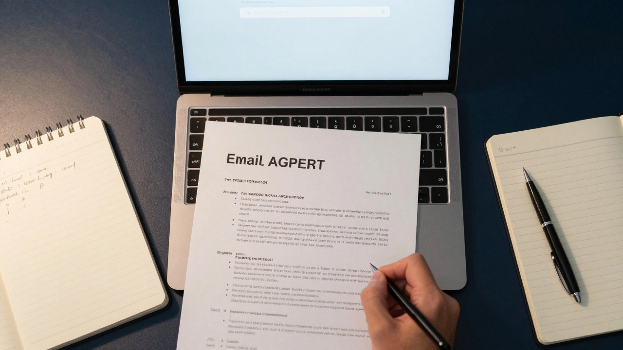 Overhead view of a desk with laptop and documents for drafting a reference email.