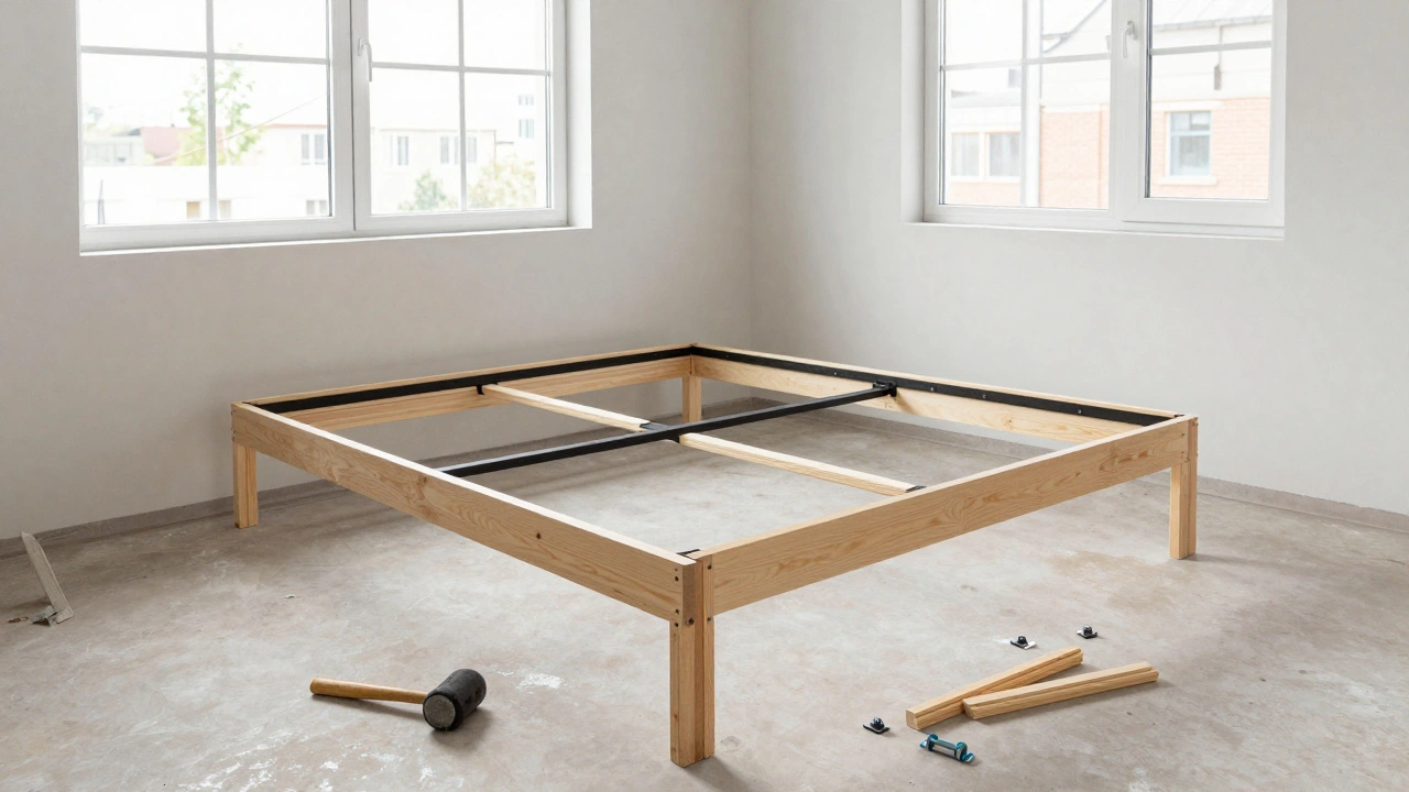 Partially assembled bed frame in a sunlit student room