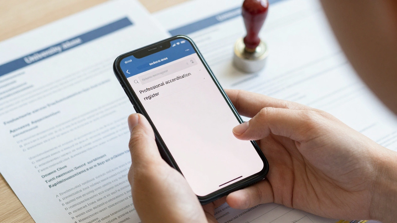 Person verifying university accreditation on a smartphone.