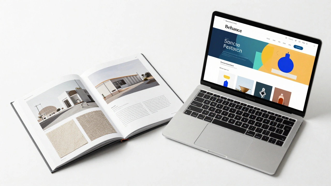 Physical portfolio case and laptop displaying digital designs