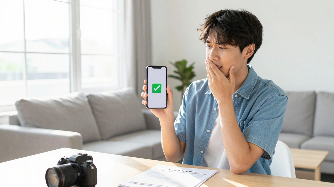 Relieved student holding phone with confirmation checkmark in sunny tidy room