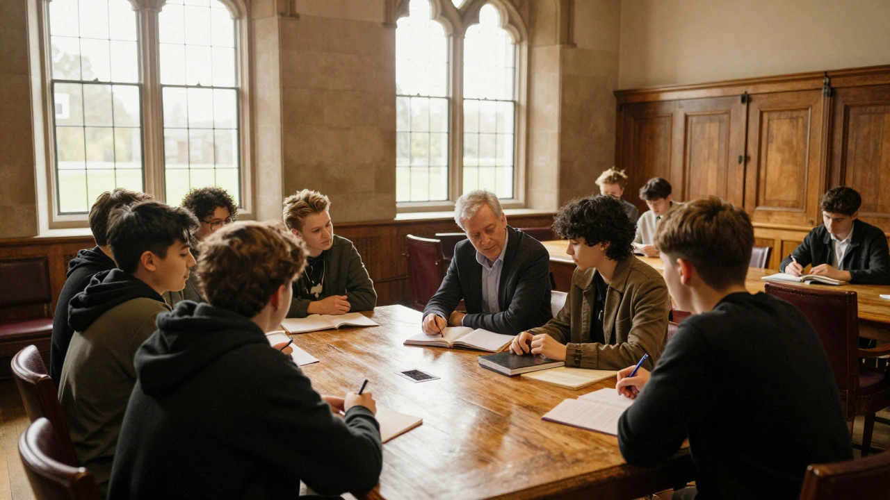 Small seminar group engaging in discussion with a tutor