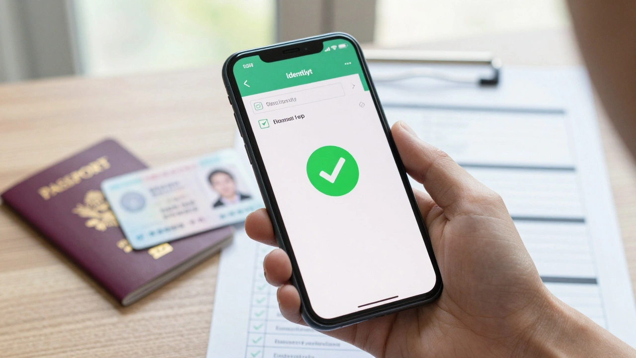 Smartphone showing verified ID next to passport and checklist