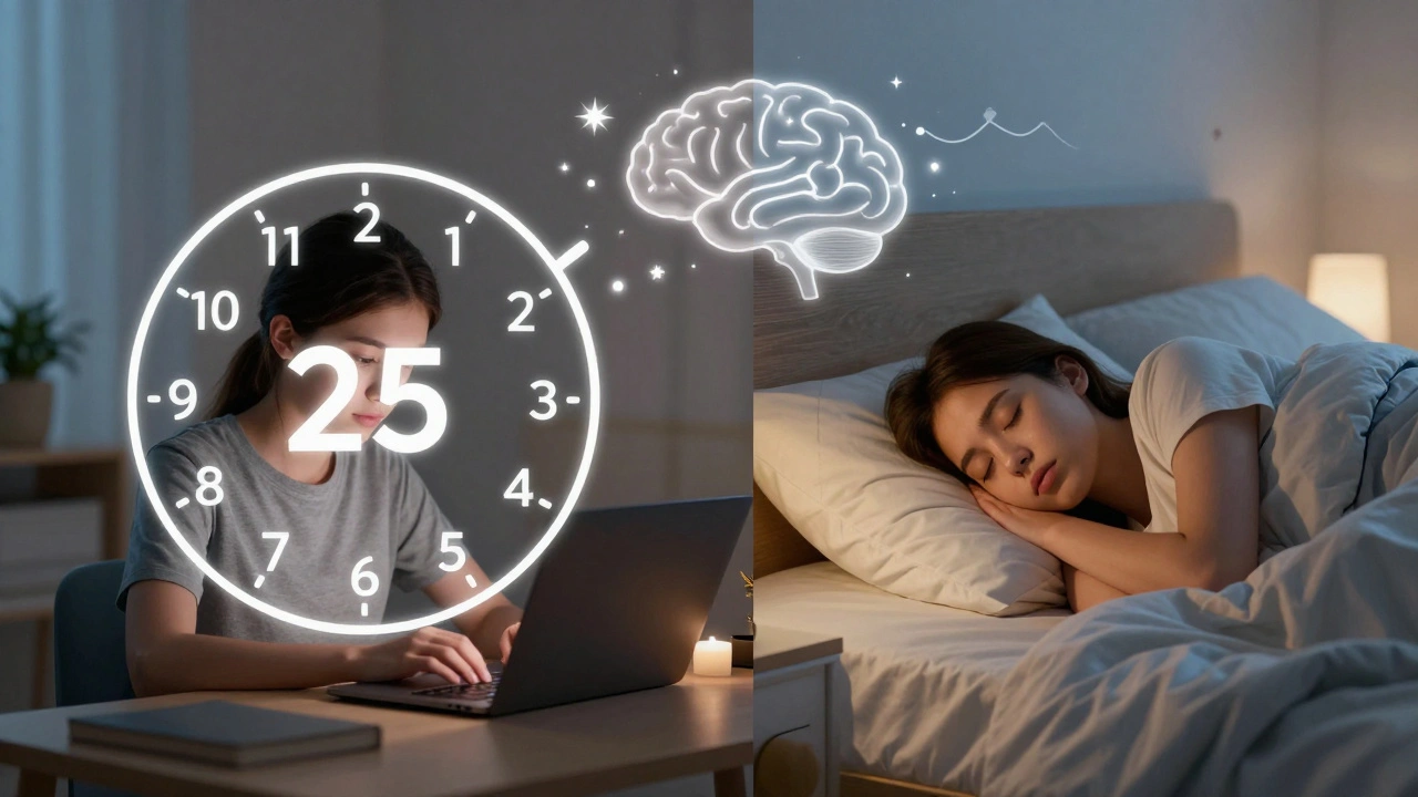 Split image of studying timer and peaceful sleep