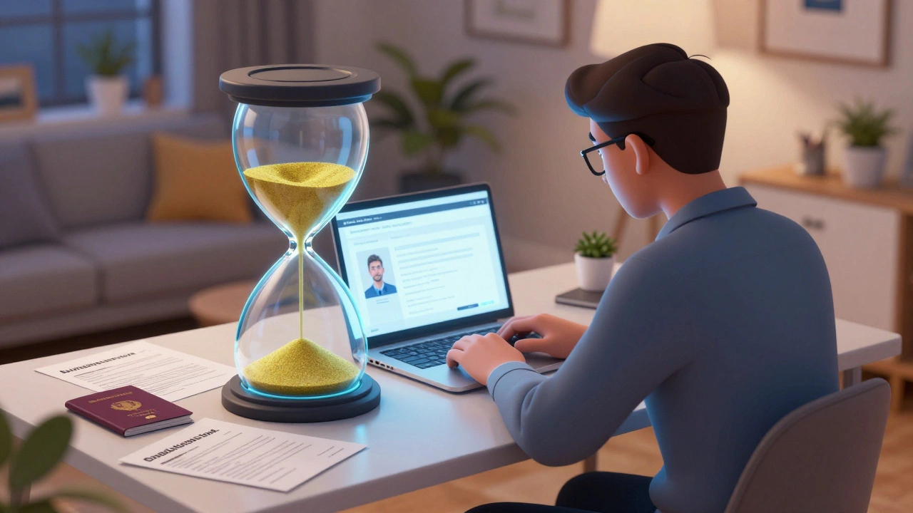 Student at a desk with an hourglass and documents, symbolizing visa time limits.