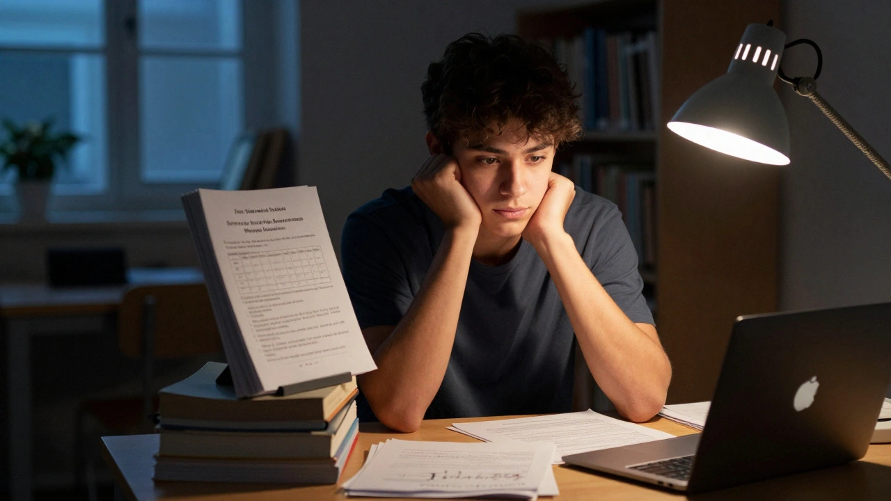 Student balancing books and union papers under a desk lamp