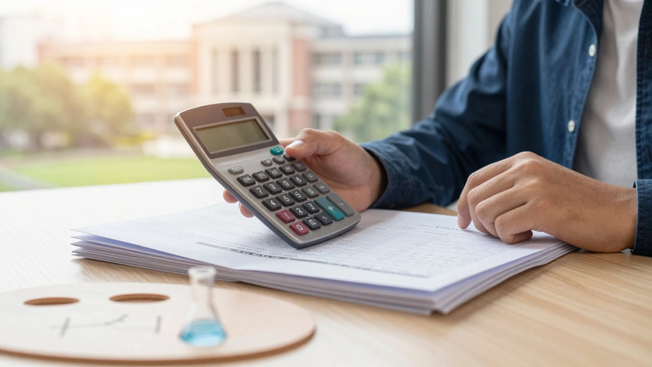 Student calculating grades with calculator near exam results and subject icons