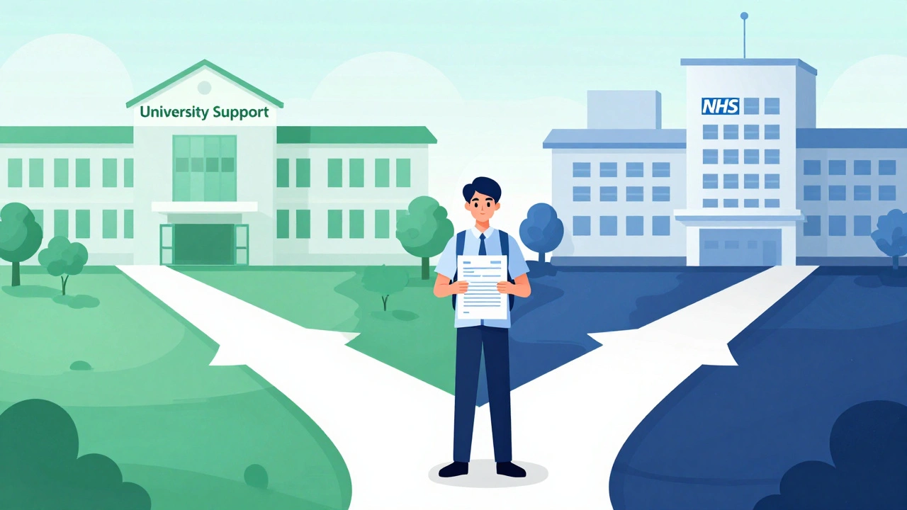 Student choosing between university and NHS support paths